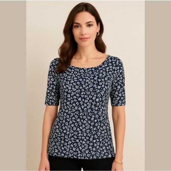 J. Jill Tops - J Jill Pima Cotton Floral Seamed Tunic Tee - Elbow Sleeve